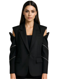 Thumbnail for Black zipper blazer with cold shoulders worn by a model on a white background