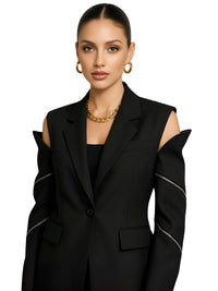 Thumbnail for Woman wearing a black zipper blazer with zipper accents on a white background