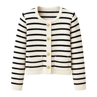 Thumbnail for Women's striped cardigan with black and white stripes and gold buttons on a white background