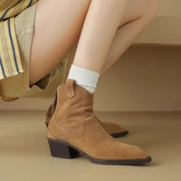 Thumbnail for Brown real suede ankle boots worn with beige pants and a white sock on a neutral background