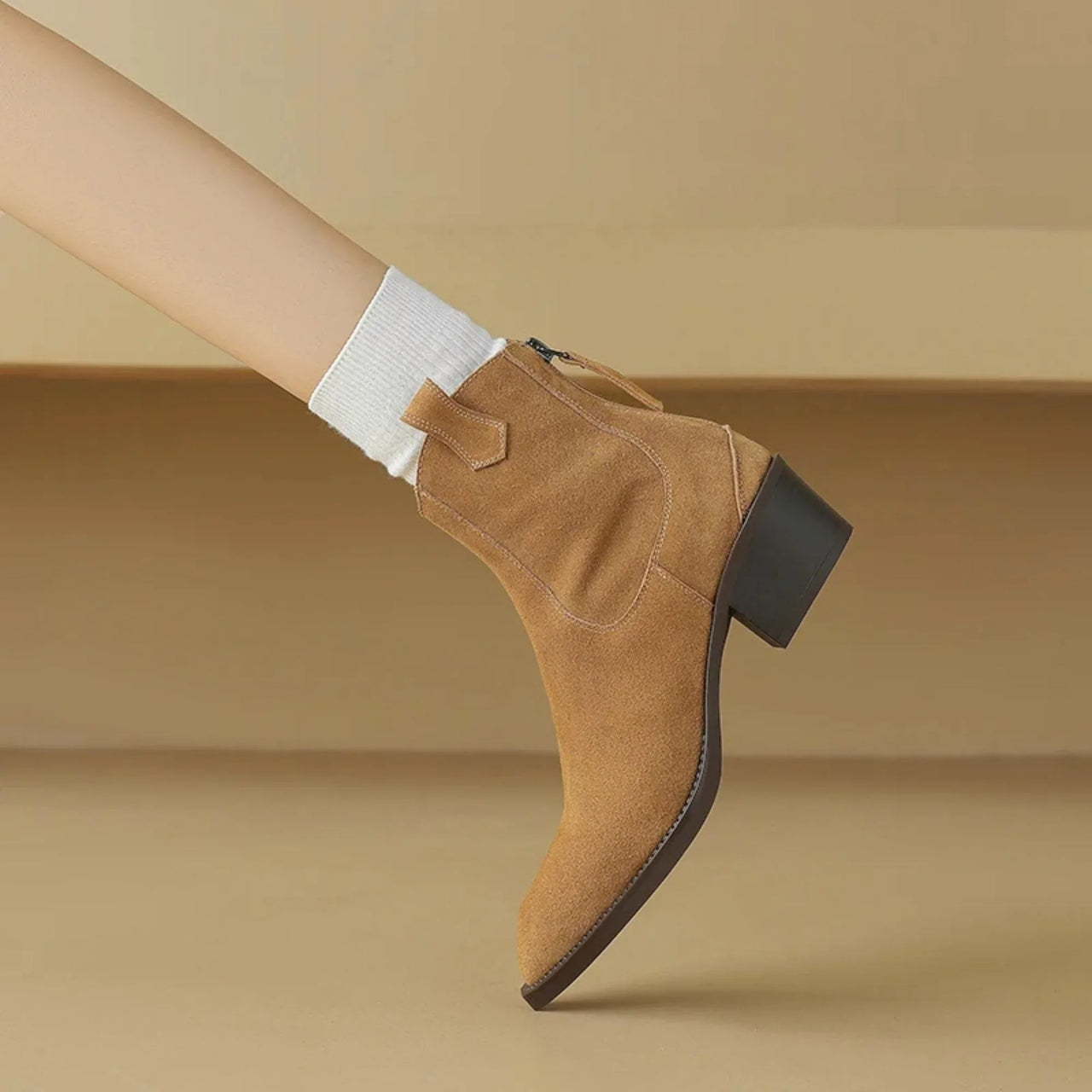 Women's Block-Heel Ankle Boots Pointed Toe Zippered Western Cowboy Boots For Women's Work Boots Female