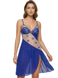 Thumbnail for Woman wearing a short blue nightgown with sheer floral embroidery lace inlay on a white background