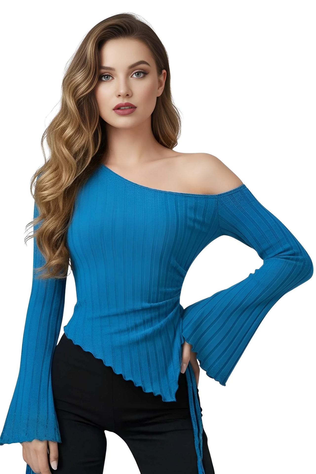 Woman wearing a blue asymmetrical  off-shoulder top with long flared sleeves on a white background