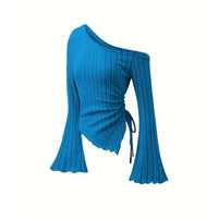 Thumbnail for Women's Off-Shoulder Asymmetrical Shirt Street Style Trumpet Sleeve Top Long Sleeve, Casual Shirts, Long Sleeves, XS, S, M, L, XL, United States, Off Shoulder, USA, Canada, Australia, New Zealand, United Kingdom, UK, Black, Grey, Olive Green, White, Khaki, Dark Olive Green, off the shoulder top, asymmetrical top women's, one shoulder top, off shoulder shirt, asymmetrical off shoulder top, shopdrestiny.com