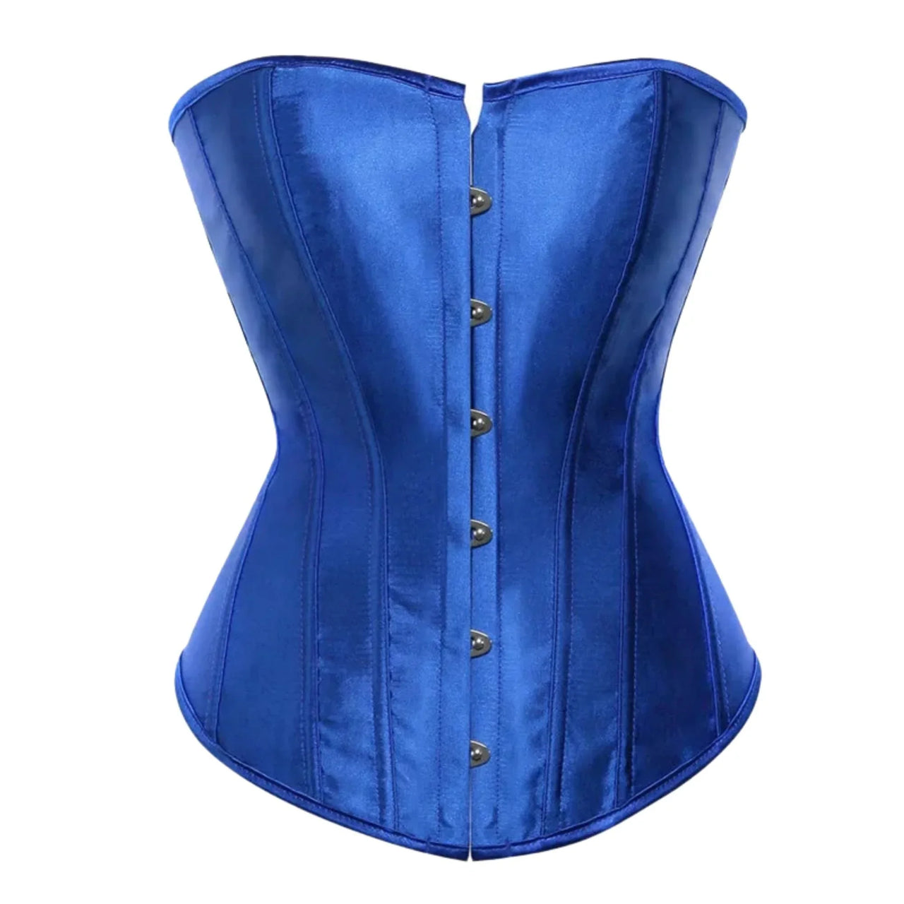 Blue satin corset with button details on a white background