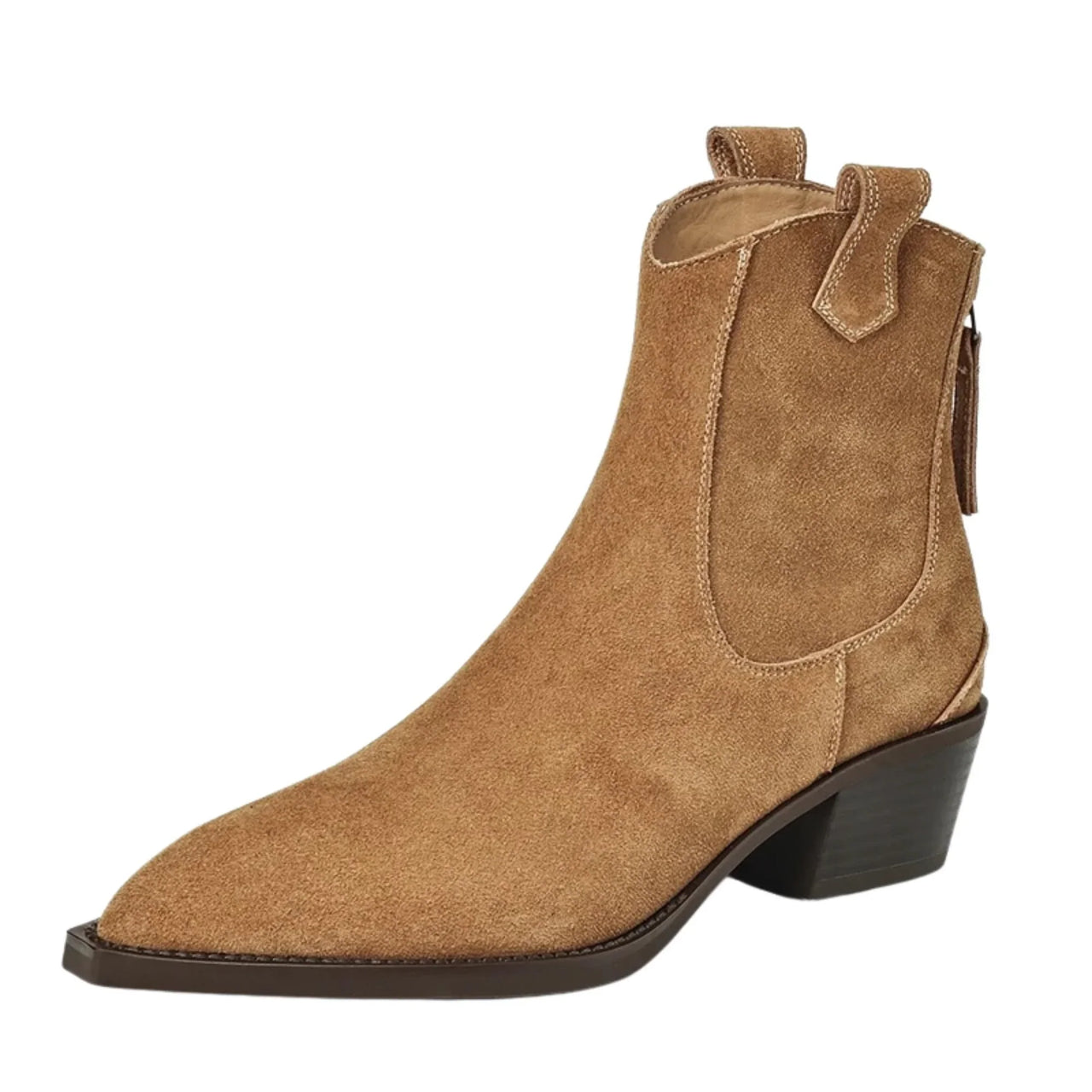Tan real suede ankle boot on a white background
