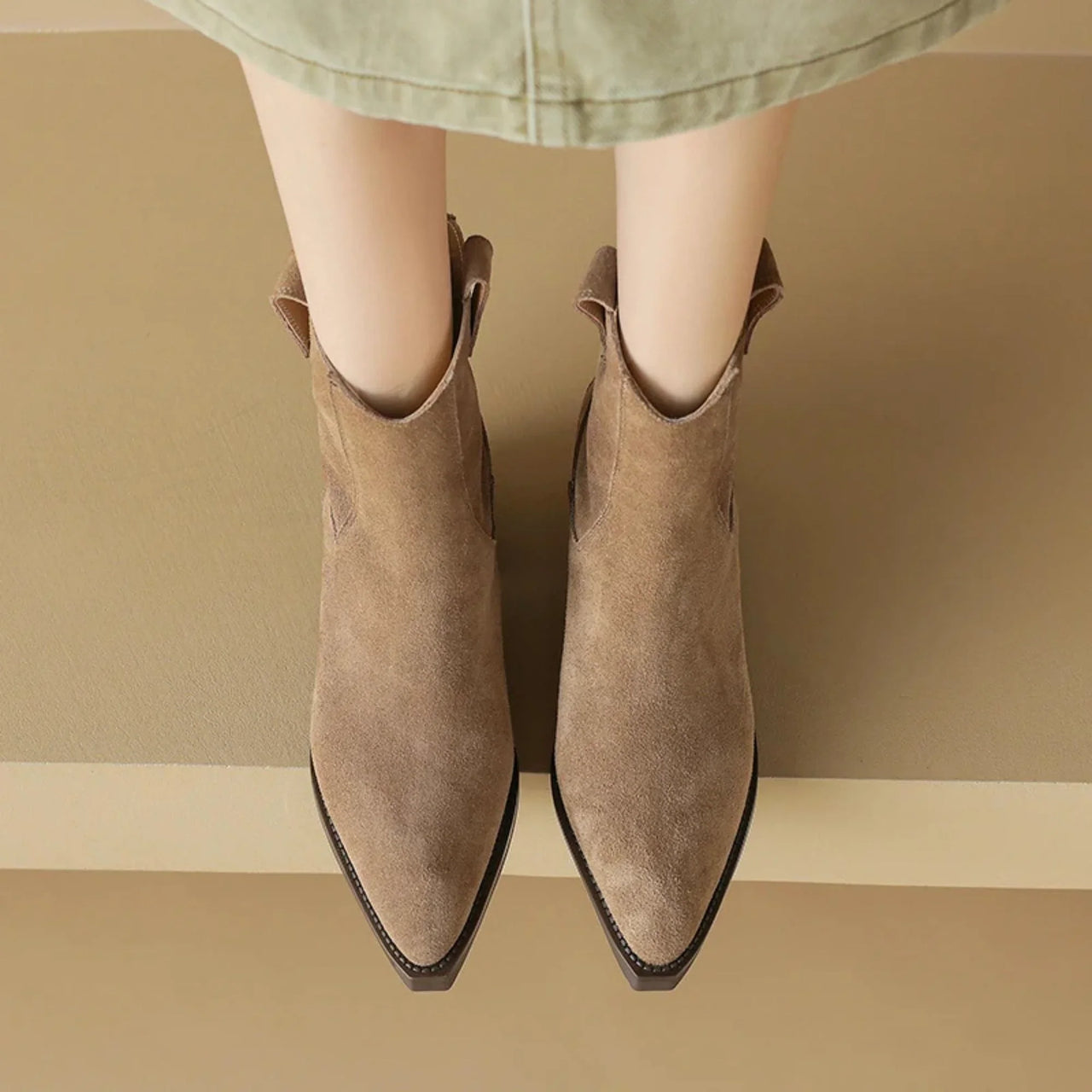 Women's Block-Heel Ankle Boots Pointed Toe Zippered Western Cowboy Boots For Women's Work Boots Female