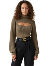 Thumbnail for Women's Cut-Out Turtleneck Sweater High Fashion Long Sleeves Tight Knit Tops Cut Out Sweater