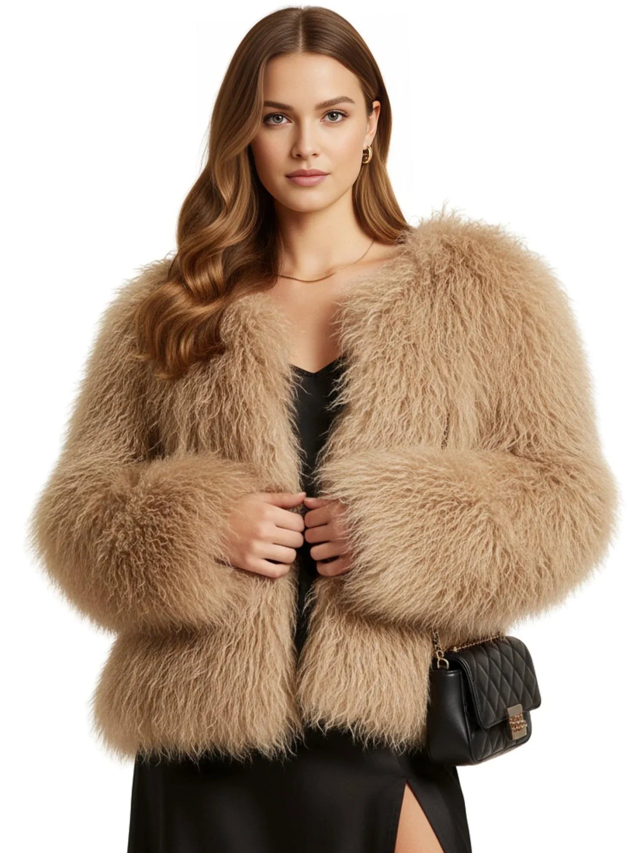 Woman wearing a light brown fluffy faux fur jacket on a white background