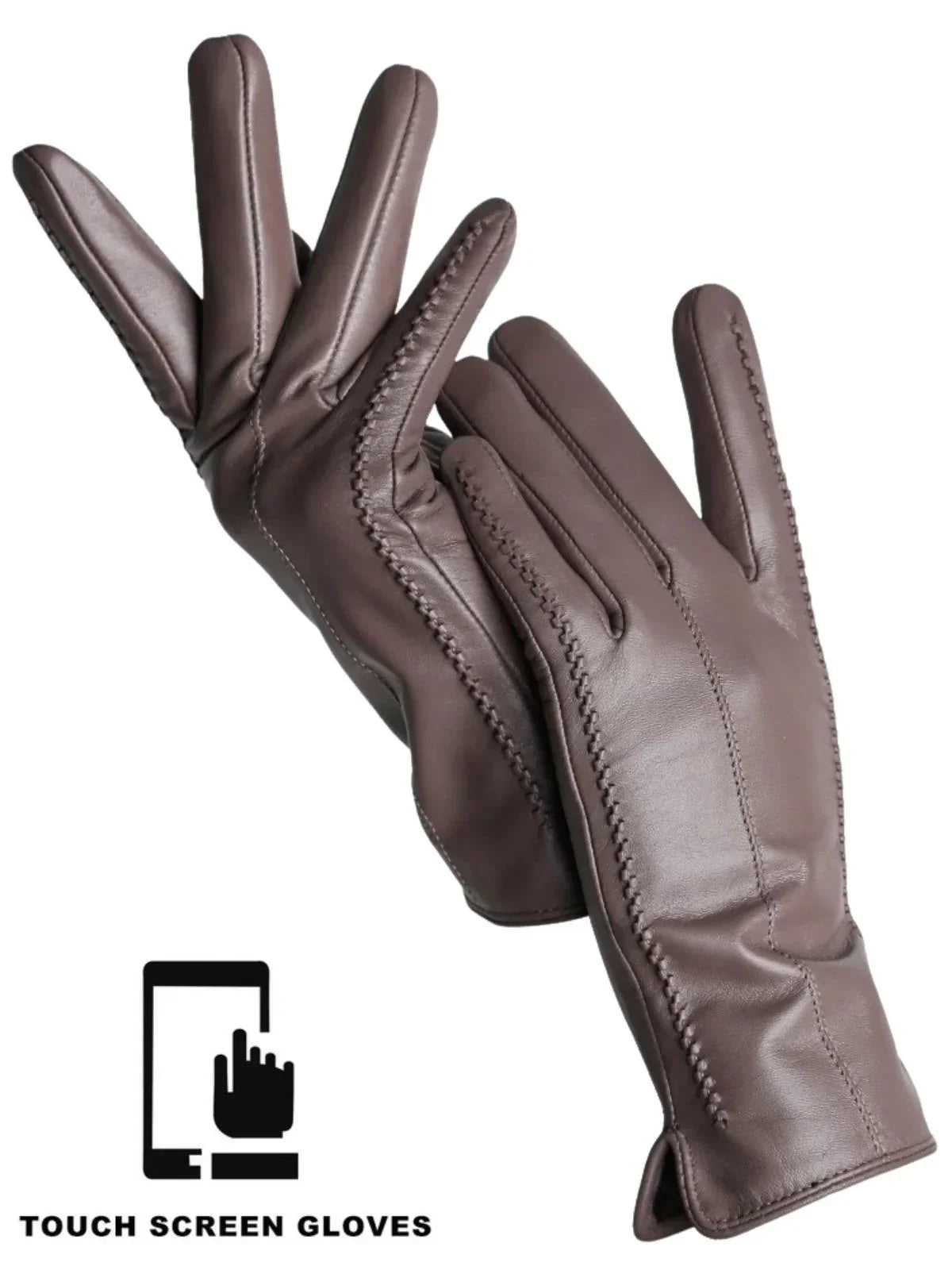 Pair of brown leather gloves with touch screen functionality on a white background