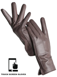 Thumbnail for Pair of brown leather gloves with touch screen functionality on a white background
