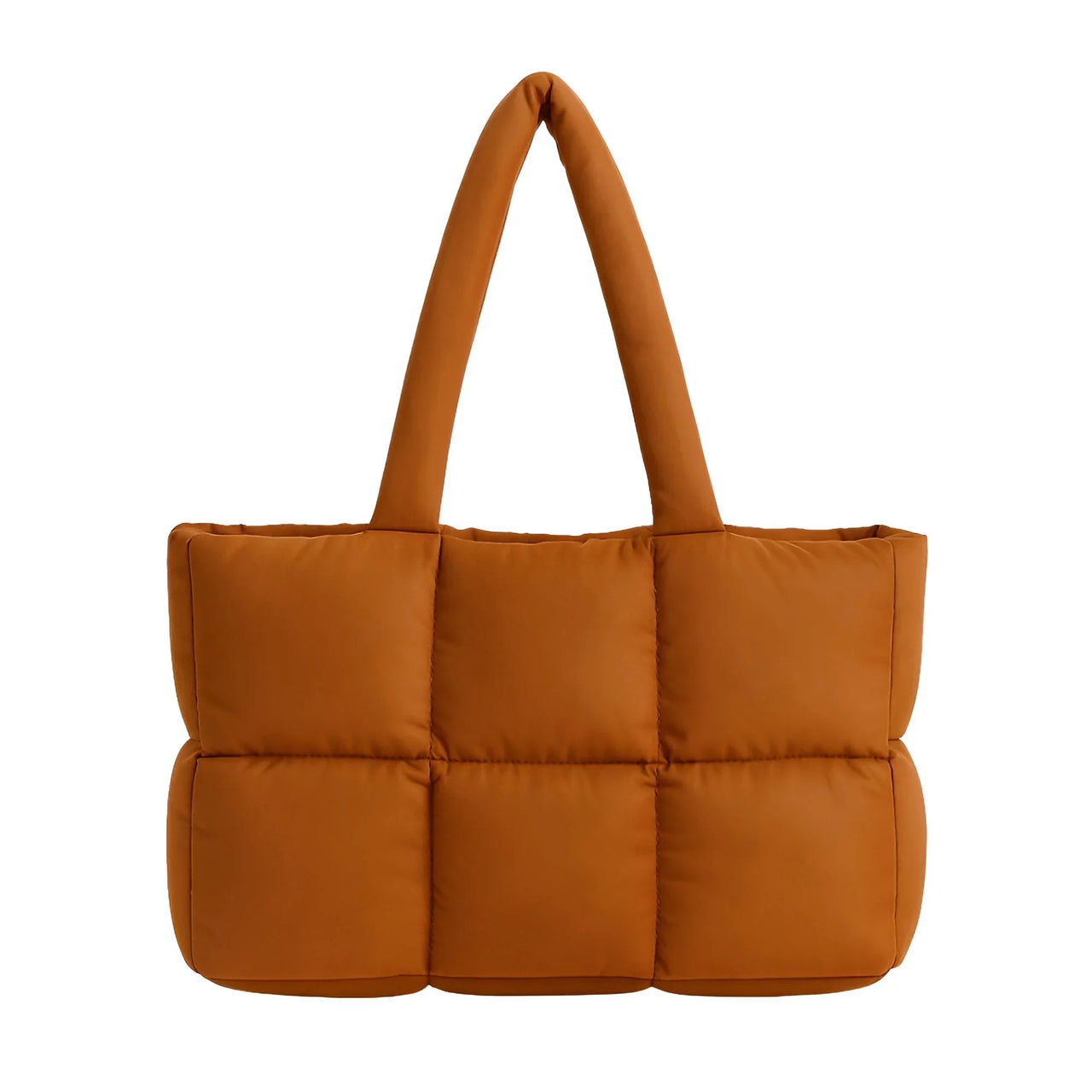 Brown quilted tote bag on a white background