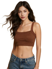 Thumbnail for Woman wearing a brown ribbed crop top and blue jeans on a white background