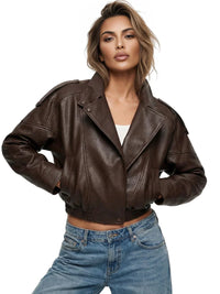 Thumbnail for Women's Vegan Leather Bomber Jacket Pebble Faux Leather Jacket Motorcycle Style Trending Fashion