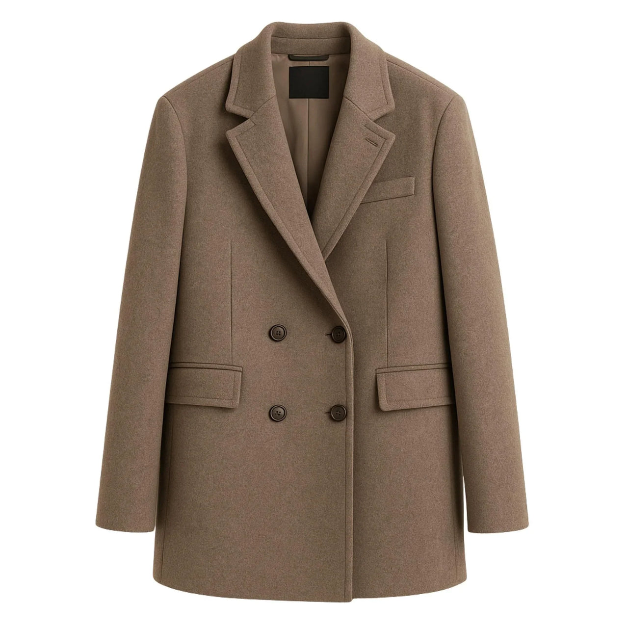 Women's brown wool coat with double-breasted design on a white background