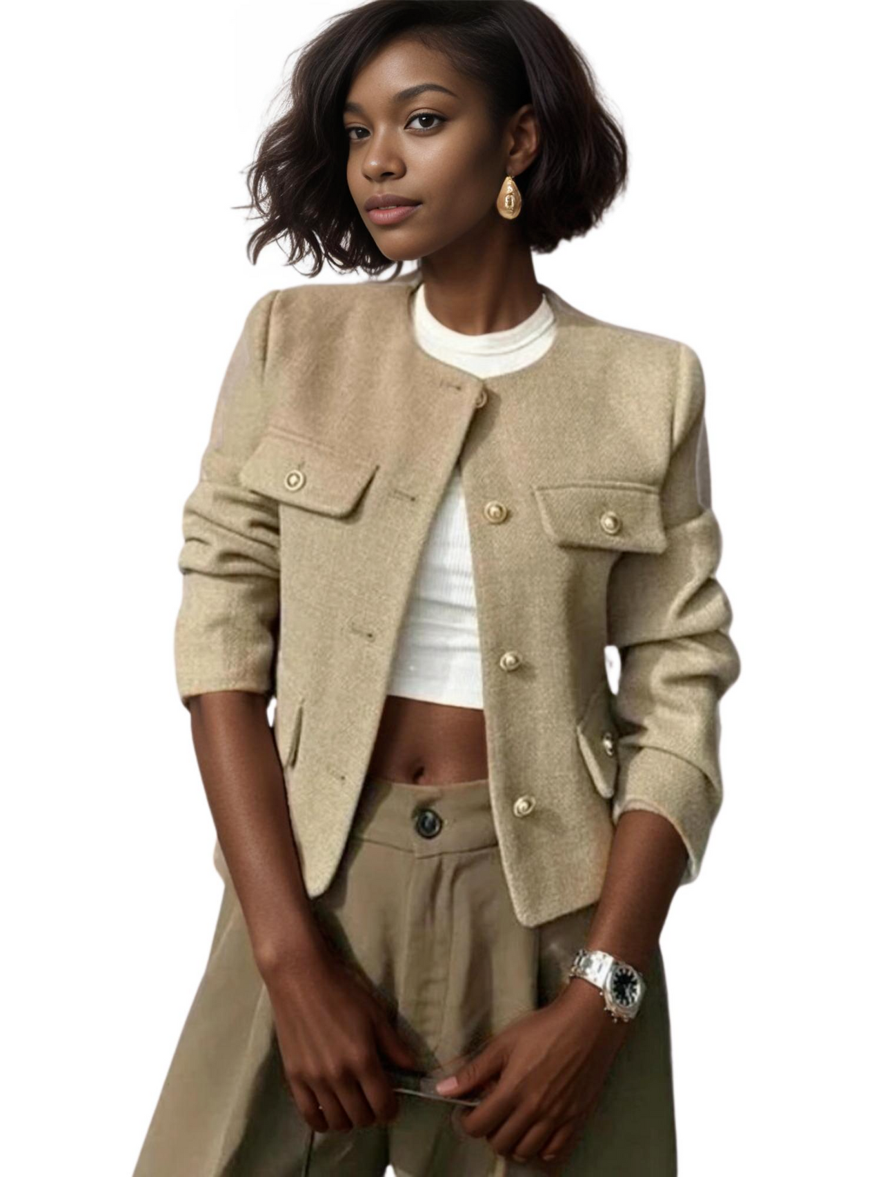 Women's Button Cropped Jacket Demi-Season Short Coats Elegant Women's Coat, Drestiny, Jackets, Long Sleeves, United States, USA, Australia, New Zealand, United Kingdom, UK, XS, 2, S, 4, M, 6, L, 8, 10, Brown-Green, Beige, Black, Pink, Navy, Red, crop jacket for women, women's cropped jacket, short jackets for women, shopdrestiny.com
