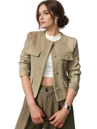 Thumbnail for Women's Button Cropped Jacket Demi-Season Short Coats Elegant Women's Coat, Drestiny, Jackets, Long Sleeves, United States, USA, Australia, New Zealand, United Kingdom, UK, XS, 2, S, 4, M, 6, L, 8, 10, Brown-Green, Beige, Black, Pink, Navy, Red, crop jacket for women, women's cropped jacket, short jackets for women, shopdrestiny.com