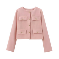 Thumbnail for Women's Button Cropped Jacket Demi-Season Short Coats Elegant Women's Coat, Drestiny, Jackets, Long Sleeves, United States, USA, Australia, New Zealand, United Kingdom, UK, XS, 2, S, 4, M, 6, L, 8, 10, Brown-Green, Beige, Black, Pink, Navy, Red, crop jacket for women, women's cropped jacket, short jackets for women, shopdrestiny.com