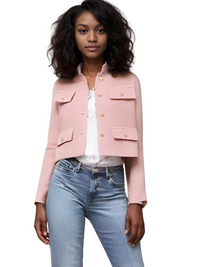 Thumbnail for Women's Button Cropped Jacket Demi-Season Short Coats Elegant Women's Coat, Drestiny, Jackets, Long Sleeves, United States, USA, Australia, New Zealand, United Kingdom, UK, XS, 2, S, 4, M, 6, L, 8, 10, Brown-Green, Beige, Black, Pink, Navy, Red, crop jacket for women, women's cropped jacket, short jackets for women, shopdrestiny.com