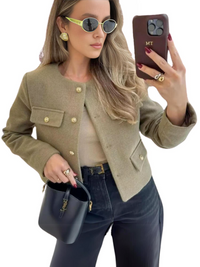 Thumbnail for Women's Button Cropped Jacket Demi-Season Short Coats Elegant Women's Coat, Drestiny, Jackets, Long Sleeves, United States, USA, Australia, New Zealand, United Kingdom, UK, XS, 2, S, 4, M, 6, L, 8, 10, Brown-Green, Beige, Black, Pink, Navy, Red, crop jacket for women, women's cropped jacket, short jackets for women, shopdrestiny.com