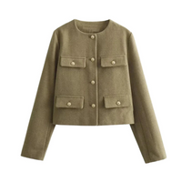 Thumbnail for Women's Button Cropped Jacket Demi-Season Short Coats Elegant Women's Coat, Drestiny, Jackets, Long Sleeves, United States, USA, Australia, New Zealand, United Kingdom, UK, XS, 2, S, 4, M, 6, L, 8, 10, Brown-Green, Beige, Black, Pink, Navy, Red, crop jacket for women, women's cropped jacket, short jackets for women, shopdrestiny.com