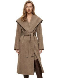 Thumbnail for Woman wearing a long camel waterfall coat with belt and shawl lapel on a white background