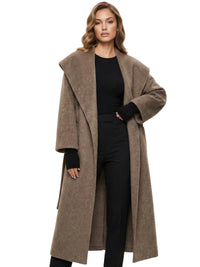 Thumbnail for Woman wearing a long camel waterfall coat with belt and shawl lapel on a white background