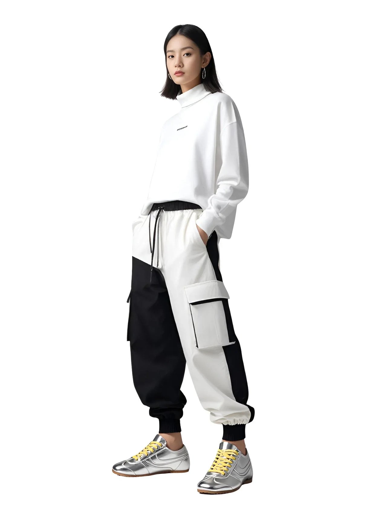 Person wearing a white and black outfit with silver sneakers with yellow laces on a white background