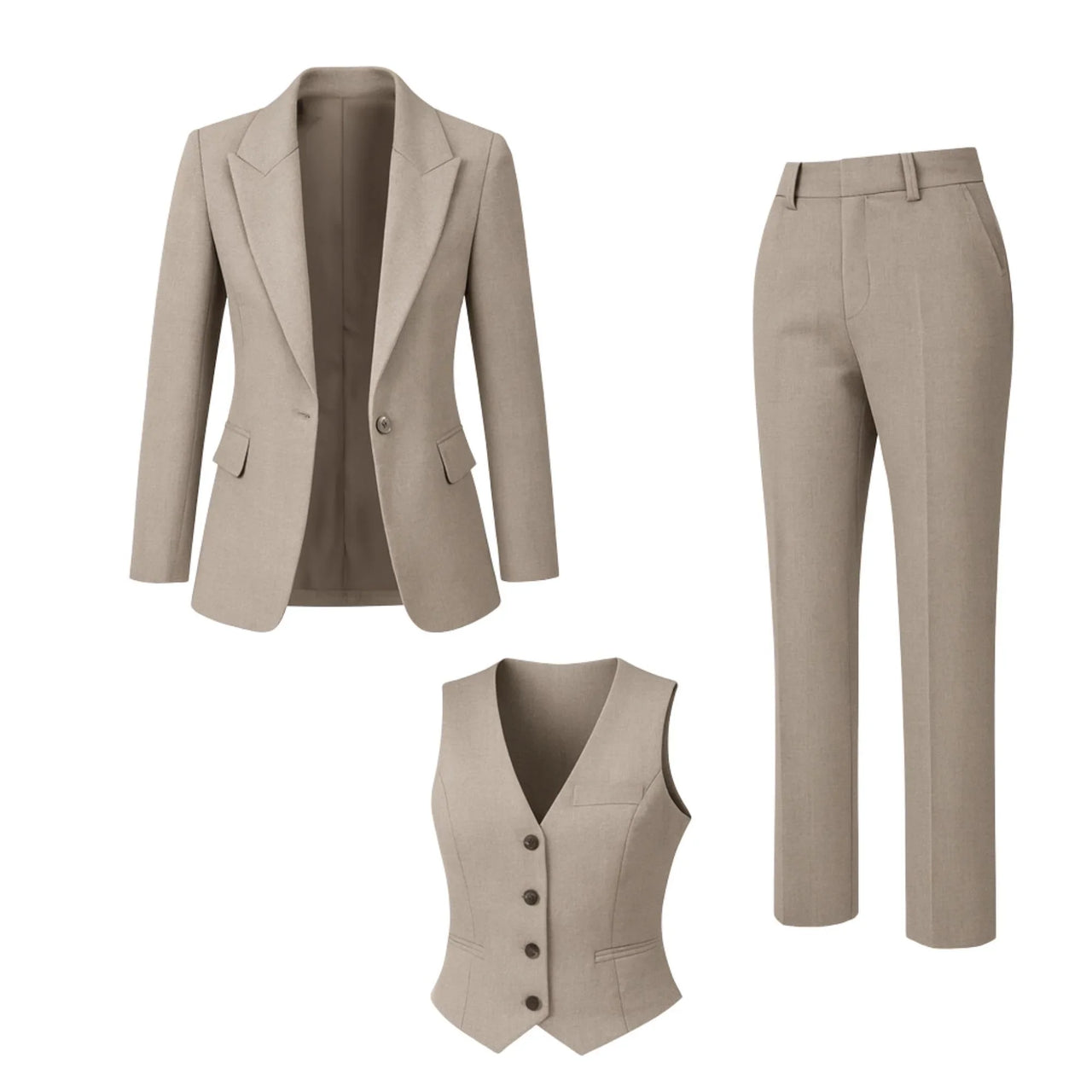 Women's khaki suit jacket, pants, and vest on a white background