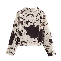 Thumbnail for Women's Cowhide Print Jacket Retro Lapel Long Sleeve Elegant Women's Jacket, Drestiny, Jackets, S, M, L, Beige, Brown, Dark Brown, United States, USA, Canada, Australia, New Zealand, United Kingdom, UK, Cow print jacket, cow print denim jacket, Western cowhide jacket, shopdrestiny.com