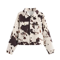 Thumbnail for Women's Cowhide Print Jacket Retro Lapel Long Sleeve Elegant Women's Jacket, Drestiny, Jackets, S, M, L, Beige, Brown, Dark Brown, United States, USA, Canada, Australia, New Zealand, United Kingdom, UK, Cow print jacket, cow print denim jacket, Western cowhide jacket, shopdrestiny.com