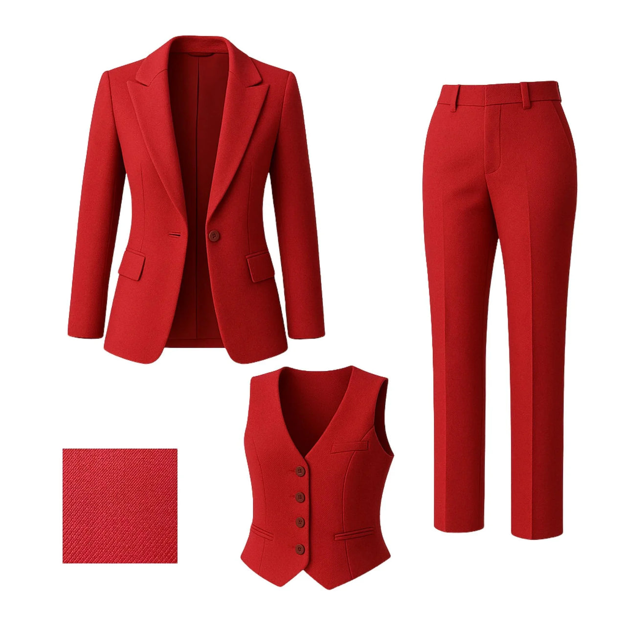 Red suit set with jacket, pants, and vest on a white background