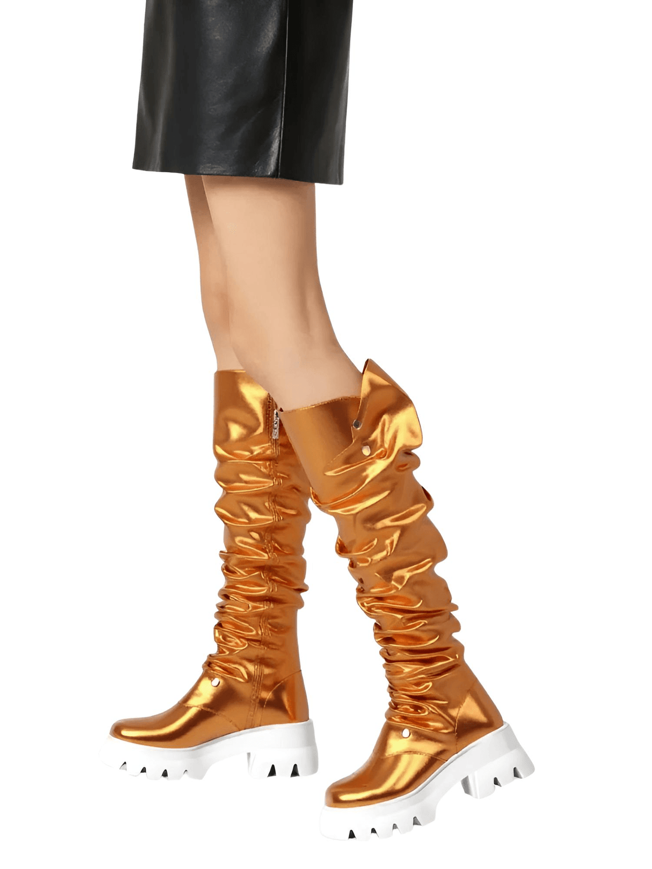 Women's Chunky Platform Fold Over Boots Block Heel Round Toe Pull on Fashion Mid-Calf Female Boots