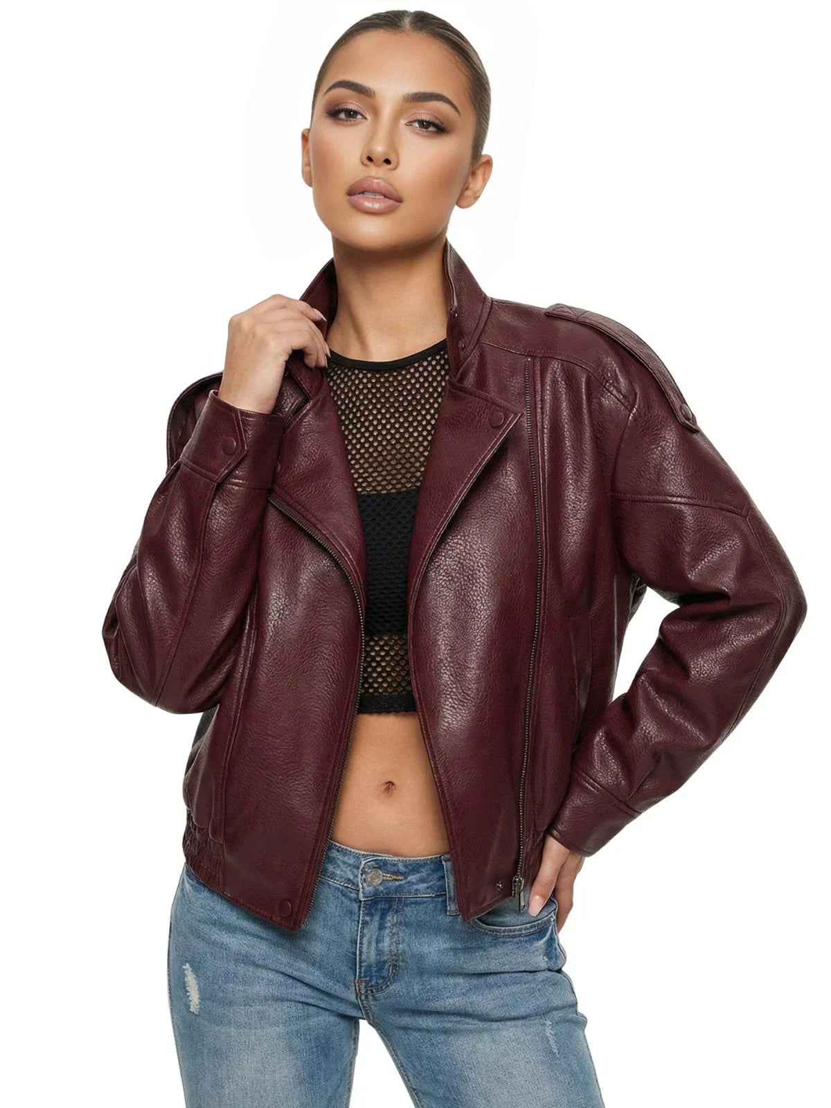 Women's Vegan Leather Bomber Jacket Pebble Faux Leather Jacket Motorcycle Style Trending Fashion
