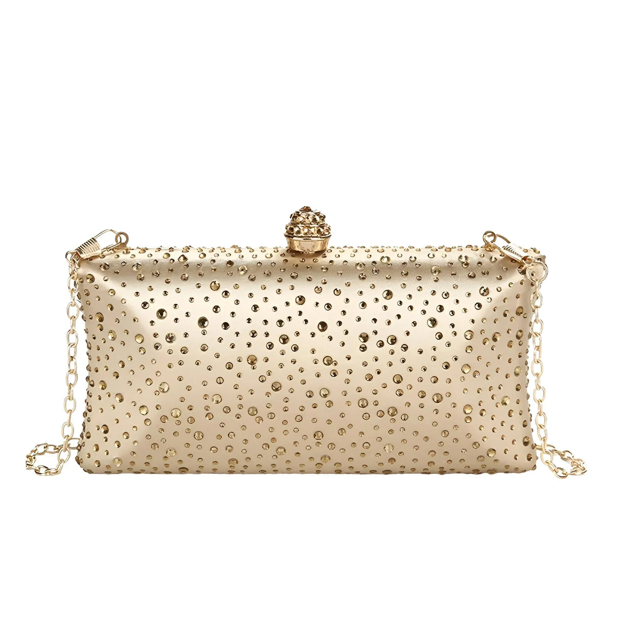 Gold clutch bag with rhinestone embellishments on a white background