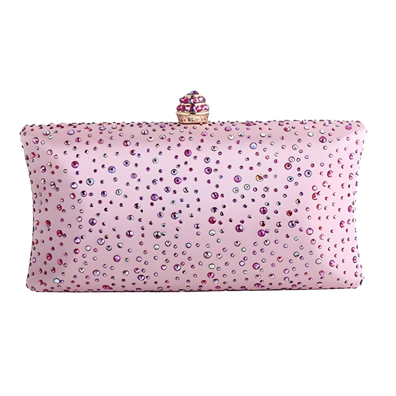 Pink clutch bag with rhinestone embellishments on a white background