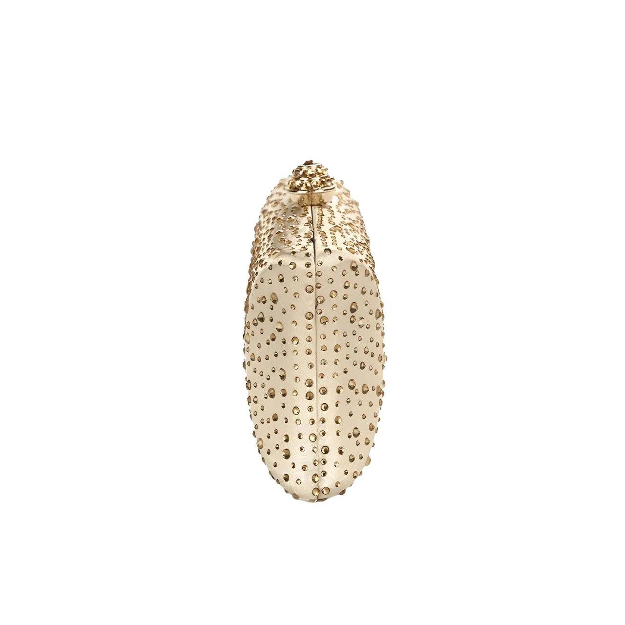 Gold clutch with bead embellishments on a white background