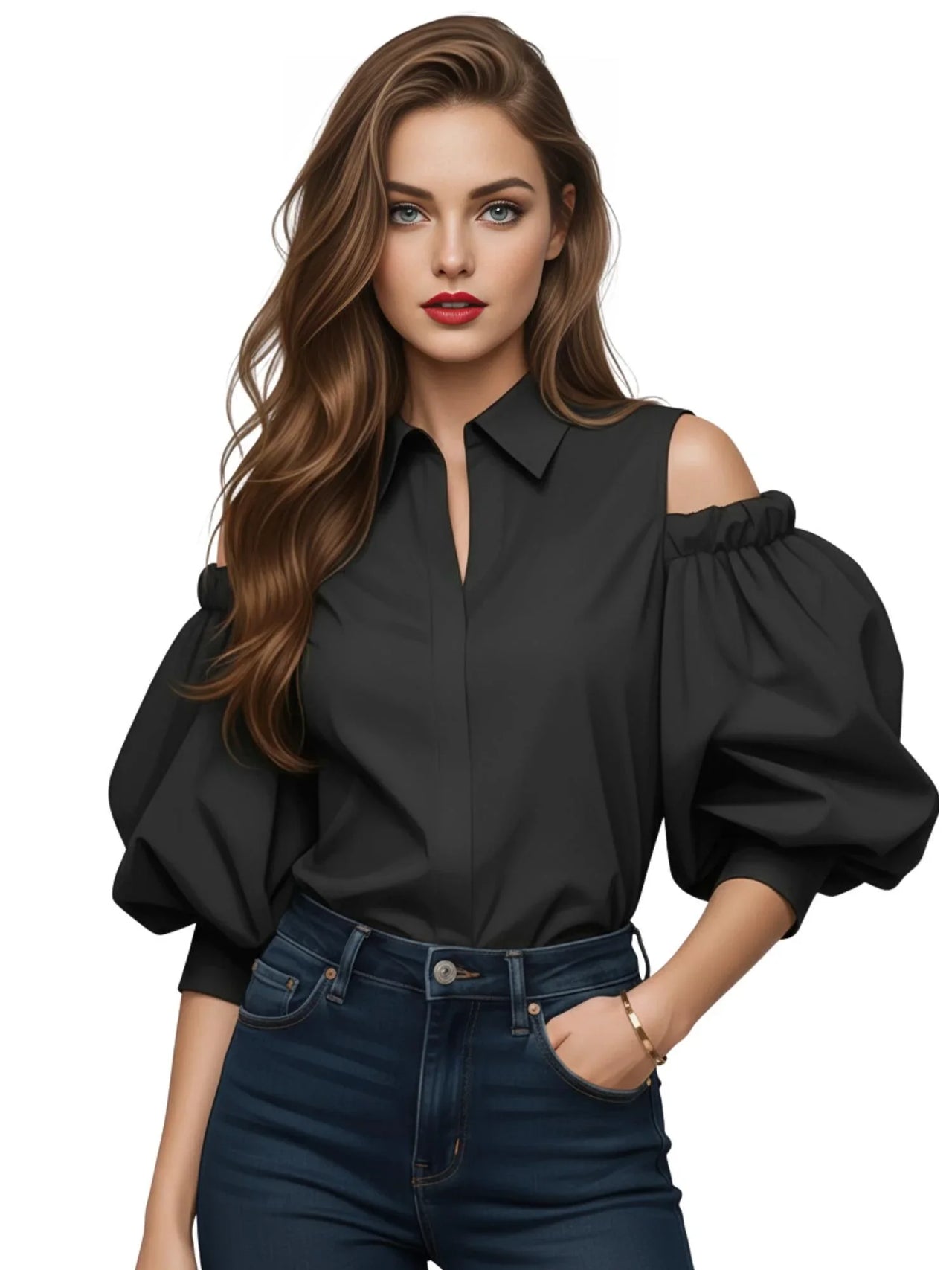 Women's Cold-Shoulder Tuxedo Blouse Summer Office Tops for Women