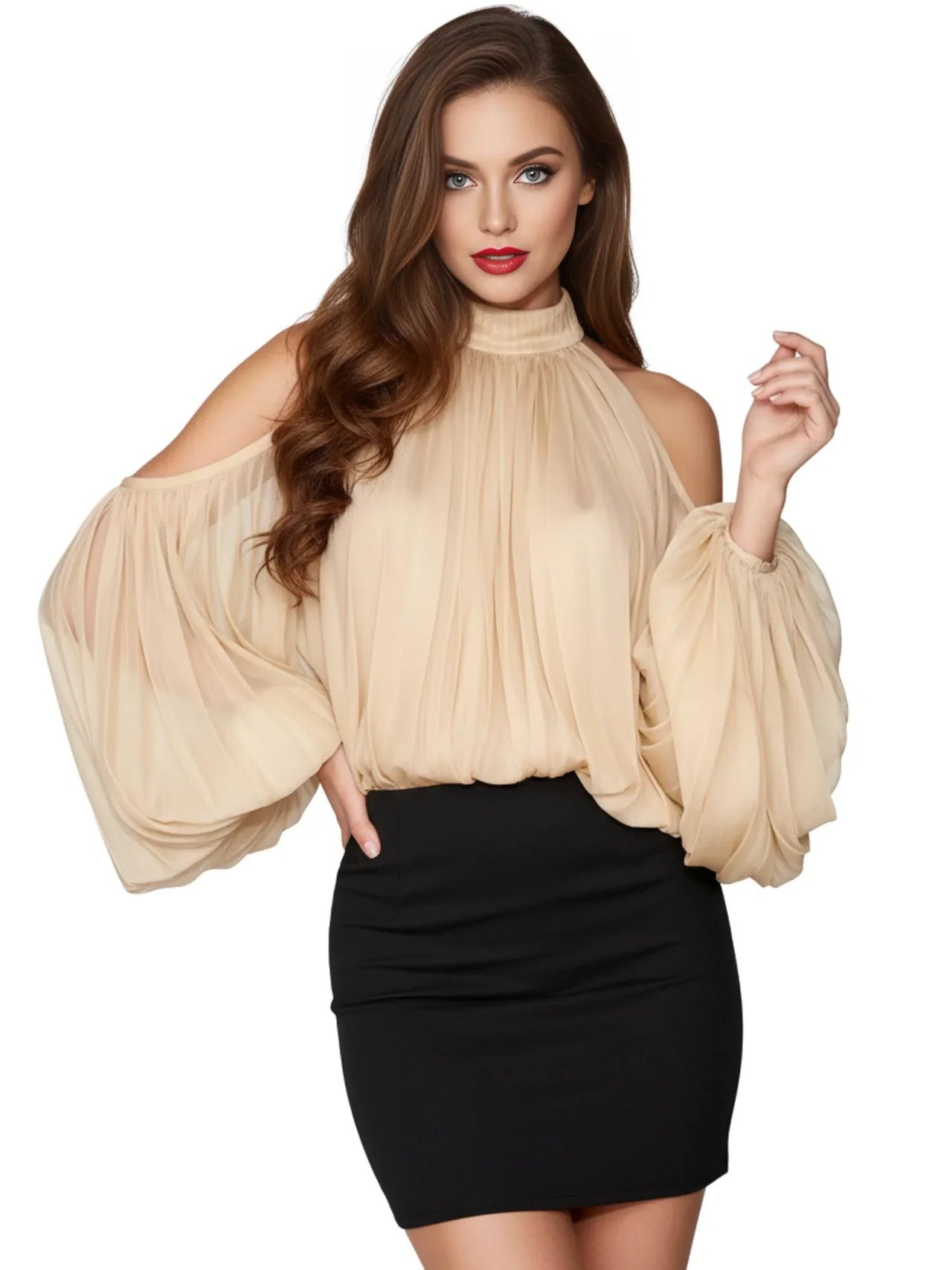 Women's Cold Shoulder Puff Blouse O Neck Minimalist Shirts Female Fashion Stylish Clothes