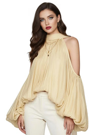 Thumbnail for Women's Cold Shoulder Puff Blouse O Neck Minimalist Shirts Female Fashion Stylish Clothes
