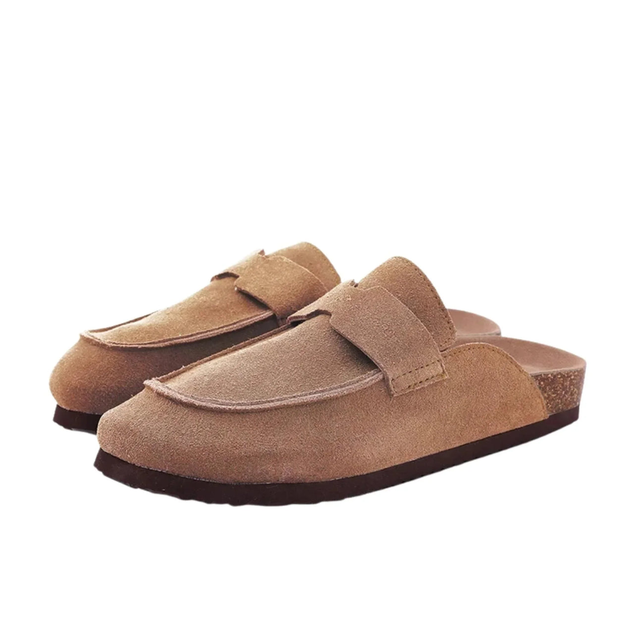 Pair of brown Birkenstock style suede sandals on a white background