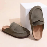 Thumbnail for Pair of olive green Birkenstock style suede sandals on a white background