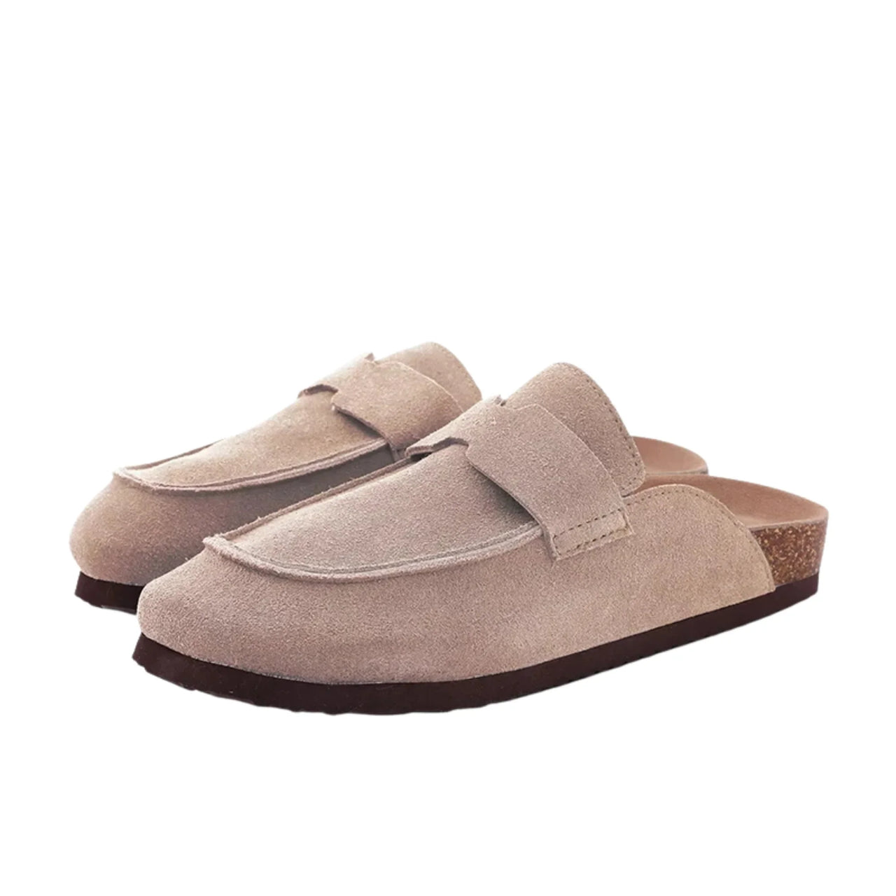 Pair of Birkenstock style suede sandals on a white background