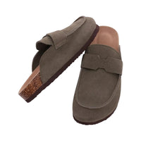 Thumbnail for Pair of olive green Birkenstock style suede sandals on a white background