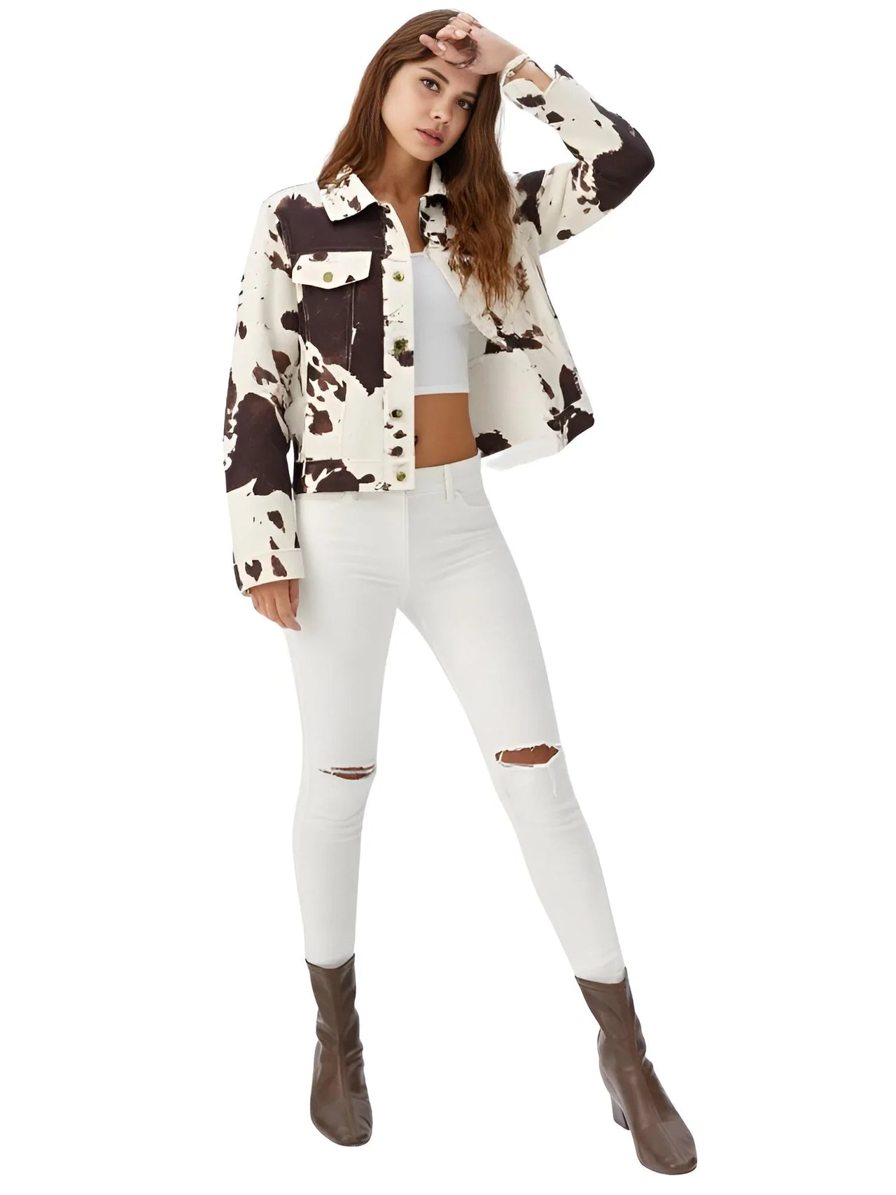 Women's Cowhide Print Jacket Retro Lapel Long Sleeve Elegant Women's Jacket