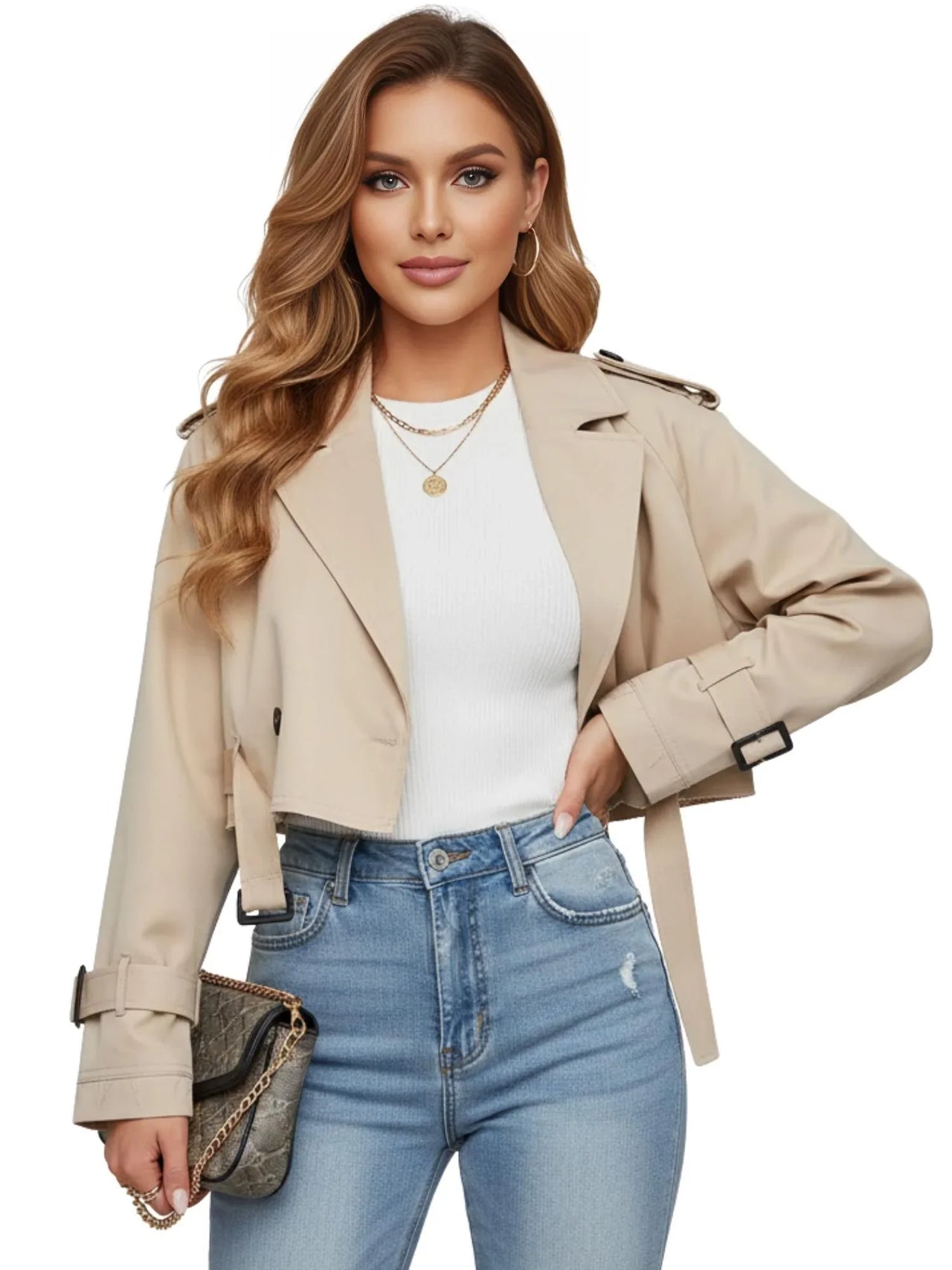 Woman wearing a beige cropped trench coat, white top, and blue jeans on a white background