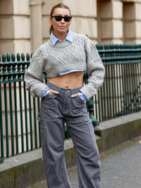 Thumbnail for Women's Cropped Argyle Sweater Long Sleeve Oversized Sweater Autumn Winter Y2K Crop Top Streetwear