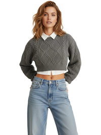 Thumbnail for Women's Cropped Argyle Sweater Long Sleeve Oversized Sweater Autumn Winter Y2K Crop Top Streetwear
