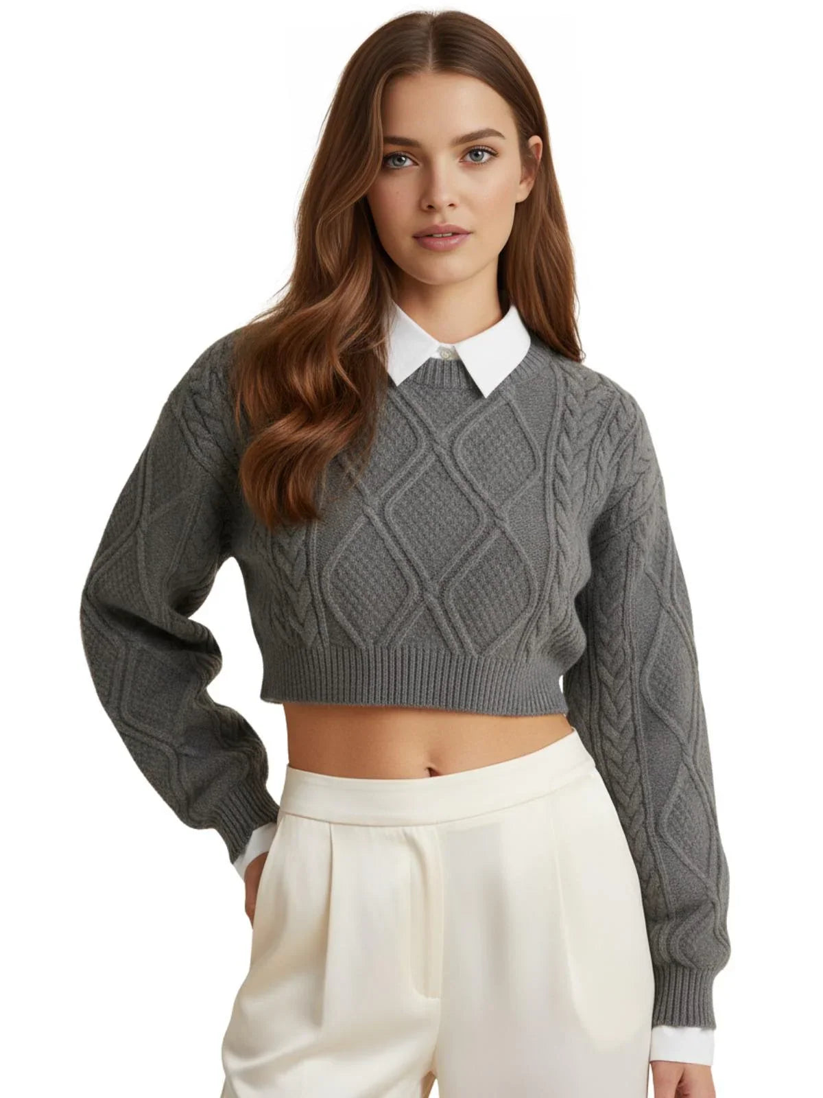 Model wearing Drestiny Women's Cropped Argyle Sweater in grey with diamond-knit texture, styled over a white collared shirt and cream trousers for a preppy modern look.