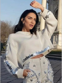 Thumbnail for Women's Cropped Sequin Sweater Chic Cropped Top Pullover Knitted Fashion Chic Outerwear